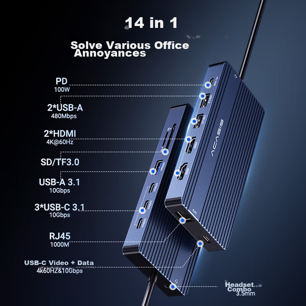 Розширювальна док-станція Acasis Type-C3.2, USB-C з двома HDMI-портами, чотириекранний дисплей, повнофункціональний відеопорт C 4K60Hz, 10G сумісний з Mac Thunderbolt DS-0203 - зображення 4