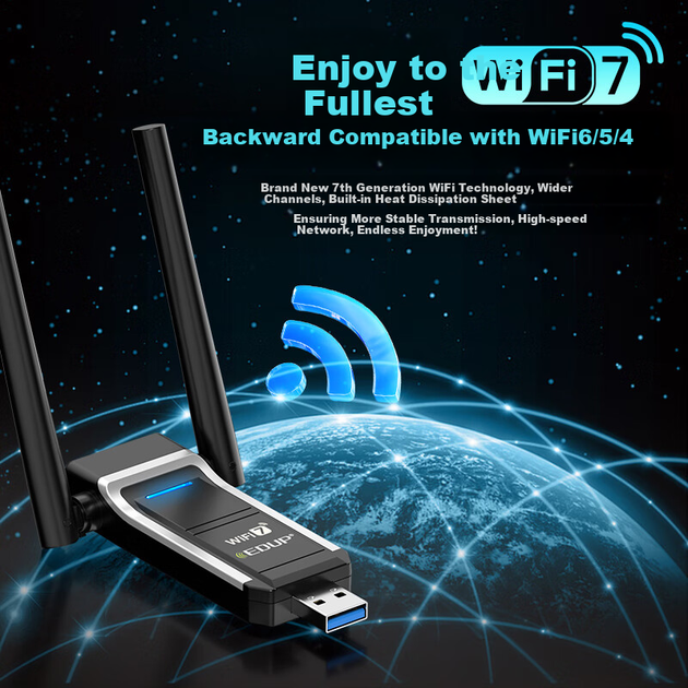 EDUP Gigabit Gaming WiFi 7 Driverless USB Wireless Network Adapter, 6500M Tri-Band 5G Wireless Network Card for Desktop And Laptop Computers, WIFI Receiver EP-BE1703S - изображение 4