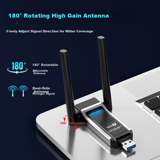 EDUP Gigabit Gaming WiFi 7 Driverless USB Wireless Network Adapter, 6500M Tri-Band 5G Wireless Network Card for Desktop And Laptop Computers, WIFI Receiver EP-BE1703S - изображение 7