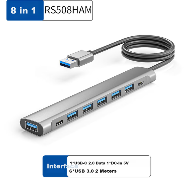 USB-концентратор Youlianxing с 8 портами, длиной 2 метра, USB 3.0, адаптер One-To, подходит для настольных компьютеров Apple и Huawei, ноутбуков, мышей, клавиатур и жестких дисков. - изображение 5