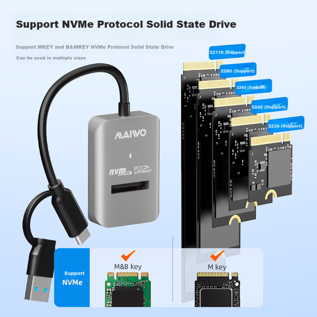 Картридер MAIWO M.2 NVMe SSD, корпус для SSD, жорсткий диск Type-C 3.2, простий у використанні кабель, два Y-подібні роз'єми, зовнішній аксесуар для ноутбука та телефону K1696P - зображення 5