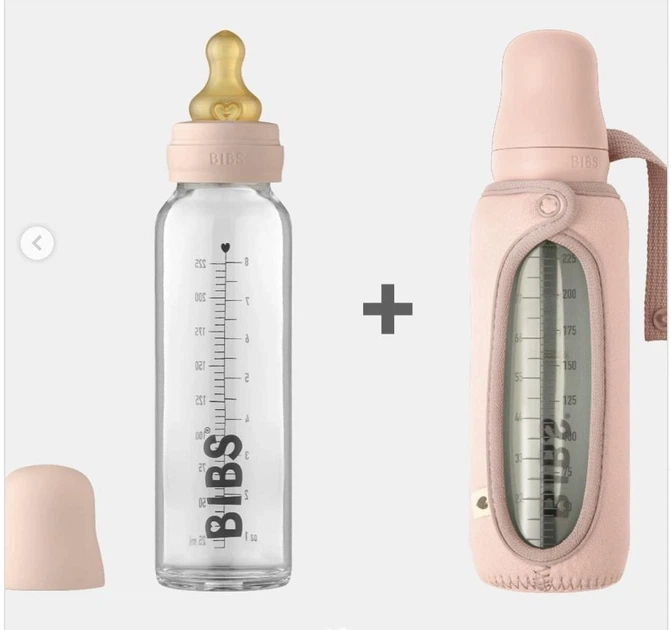 Скляна дитяча пляшечка BIBS Baby Glass Bottle повний комплект Blush - 240 ml + Чохол в подарунок - зображення 3