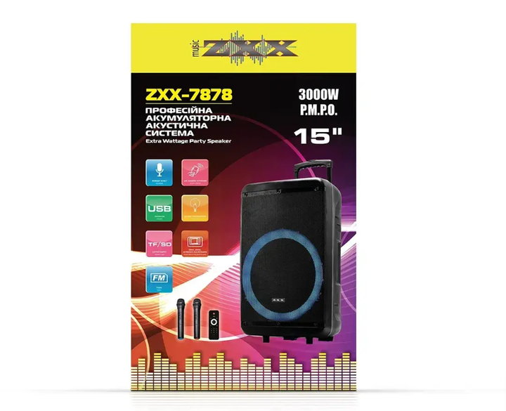Переносна акустична колонка 215-ZXX-7878 60W з динамічною led підсвіткою та 2 мікрофонами для активного відпочинку - зображення 7