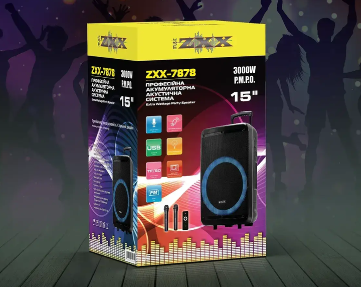 Переносна акустична колонка 215-ZXX-7878 60W з динамічною led підсвіткою та 2 мікрофонами для активного відпочинку - зображення 8