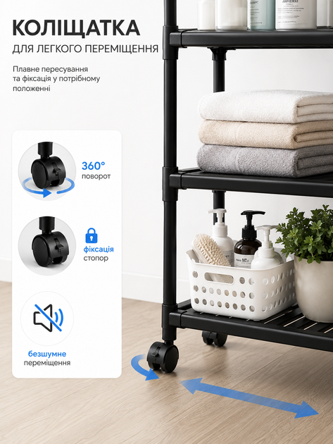 Стелаж-етажерка на колесах YH9909-6, 6 рівнів для зберігання, органайзер для кухні, ванної та дому 170х42х32 см Чорний - зображення 3