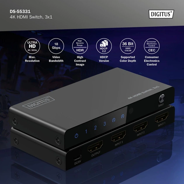 Digitus Видеокоммутатор UHD HDMI (INx3 - OUTx1), 4K - Фото 7 Digitus Видеокоммутатор UHD HDMI (INx3 - OUTx1), 4K - изображение 7