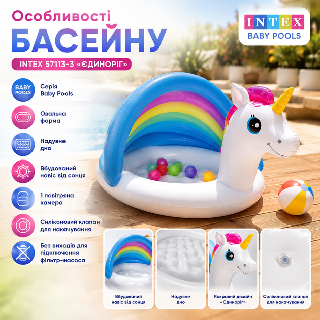 Детский надувной бассейн Intex 57113-3 «Единорог» с навесом - изображение 4