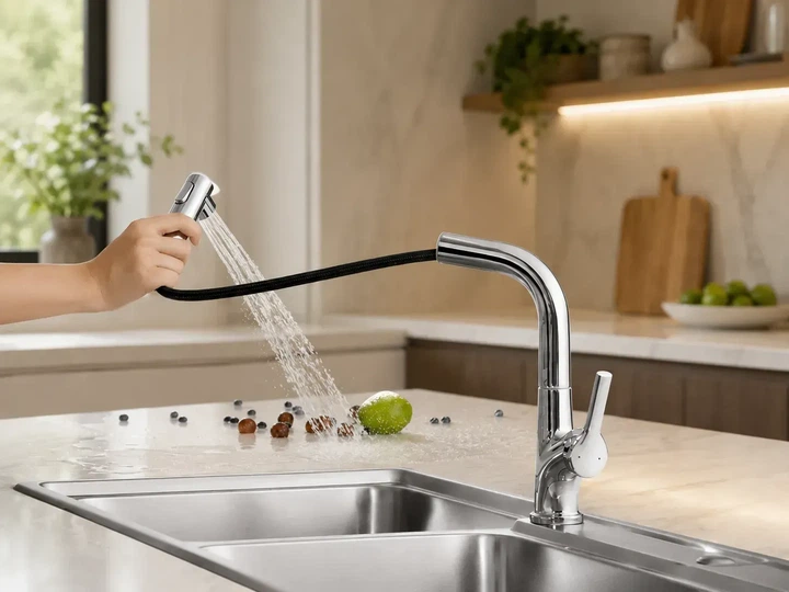 Кухонний змішувач Faucet CR-8428 з висувною лійкою та поворотом 360°. Змішувач для кухні з аератором хром. - зображення 4