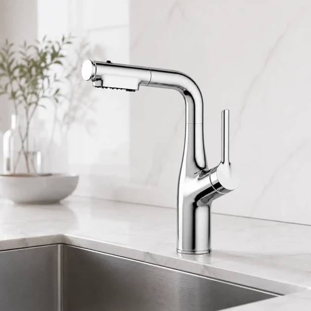 Кухонний змішувач Faucet CR-8428 з висувною лійкою та поворотом 360°. Змішувач для кухні з аератором хром. - зображення 8