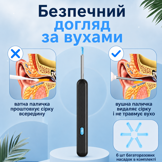 Отоскоп умная ушная палочка для чистки ушей и удаления ушной серы с эндоскопической камерой 5 Мп и 6 насадками. Чёрный цвет - изображение 5