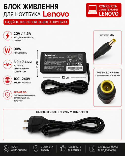 Блок живлення для ноутбука Lenovo 20V, 4.5A, 90W, 8.0*7.4mm + Кабель живлення - Фото 1 Блок живлення для ноутбука Lenovo 20V, 4.5A, 90W, 8.0*7.4mm + Кабель живлення - изображение 1