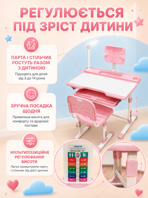 Детская парта-трансформер розовая регулируемая по высоте со стулом, лампой, подставкой для книг и наклонной столешницей (49675930) - изображение 3