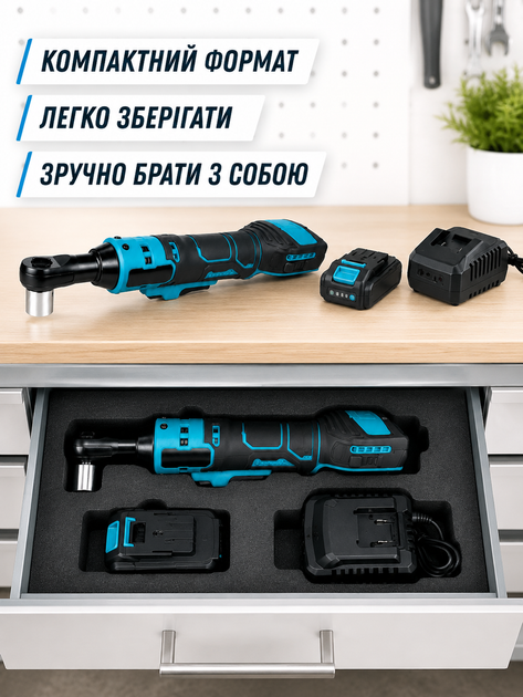 Акумуляторна кутова тріскачка-гайковерт 48V синя з АКБ, квадратом 3/8", реверсом і LED-підсвічуванням (49676015) - зображення 5