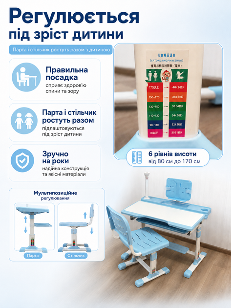 Дитяча парта-трансформер блакитна регульована по висоті зі стільчиком, лампою, підставкою для книг і похилою стільницею (49675929) - зображення 3