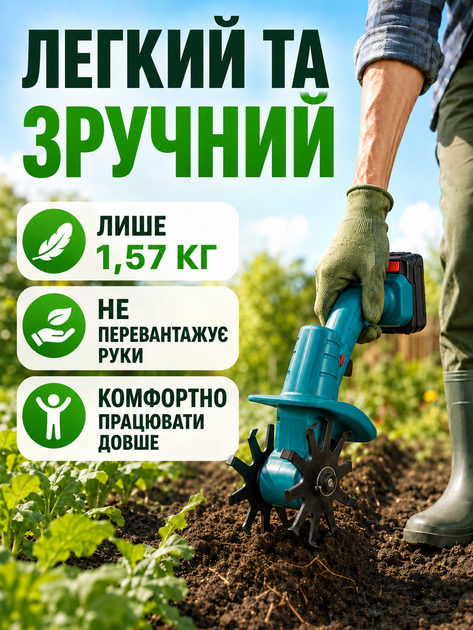 Культиватор міні акумуляторний синій для саду та грядок з подвійними фрезами, захисним кожухом і блокуванням безпеки (49675919) - зображення 3