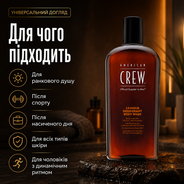 Гель для душу American Crew 24-Hour Deodorant Body Wash 450 мл чоловічий дезодоруючий засіб для тіла зі свіжістю до 24 годин - Фото 4 Гель для душу American Crew 24-Hour Deodorant Body Wash 450 мл чоловічий дезодоруючий засіб для тіла зі свіжістю до 24 годин - зображення 4