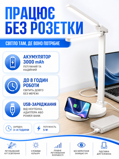 Лампа настільна світлодіодна біла з підставкою для телефона, 2 плафонами, 3 режимами світла, USB та акумулятором 3000 mAh (49675920) - зображення 5
