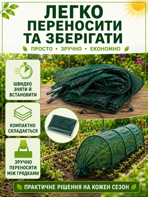 Сетка затеняющая с дугами для теплицы и грядок зеленая 3 м × 55 см, садовое укрытие для защиты растений от солнца (49675911) - изображение 6