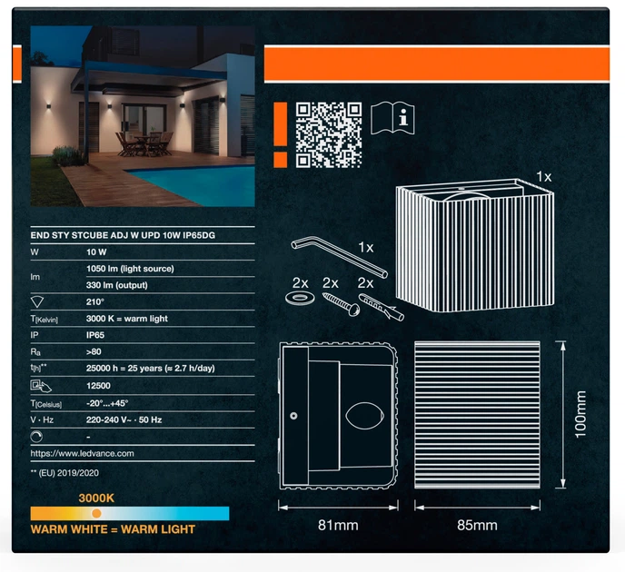 Фасадний світильник OSRAM Style Striped Cube Adjustable Wall Updown 10W 330Lm 3000K IP65 (4099854709524) - Фото 4 Фасадний світильник OSRAM Style Striped Cube Adjustable Wall Updown 10W 330Lm 3000K IP65 (4099854709524) - зображення 4