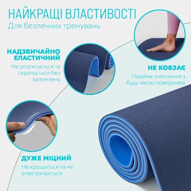 Коврик для йоги и фитнеса EasyFit TPE+TC 6 мм двухслойный + Чехол синий с голубым 183х61 см - Фото 3 Коврик для йоги и фитнеса EasyFit TPE+TC 6 мм двухслойный + Чехол синий с голубым 183х61 см - изображение 3