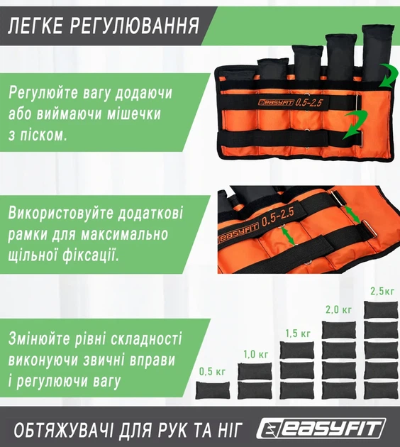 Утяжелители для ног и рук EasyFit наборные черно-оранжевые 0,5-2,5 кг (пара) - Фото 5 Утяжелители для ног и рук EasyFit наборные черно-оранжевые 0,5-2,5 кг (пара) - изображение 5