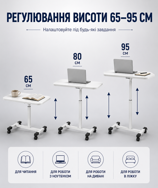 Стол для ноутбука прикроватный на колесах регулируемый по высоте 60х40х90 см приставной столик для кровати дивана работы обучение компьютерный для ноутбука мобильный журнальный - изображение 5