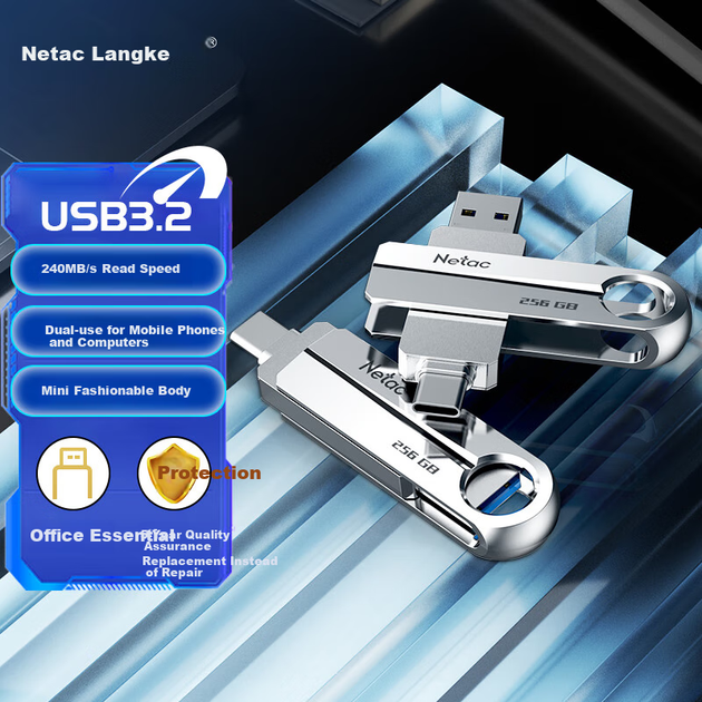 Флеш-накопитель Netac 32 ГБ USB 3.2, скорость чтения 150 МБ/с, металлический корпус US16, двойной интерфейс Type-C, подходит для компьютеров и телефонов, совместим с Android, Apple, HarmonyOS, поддерживает OTG. - изображение 4