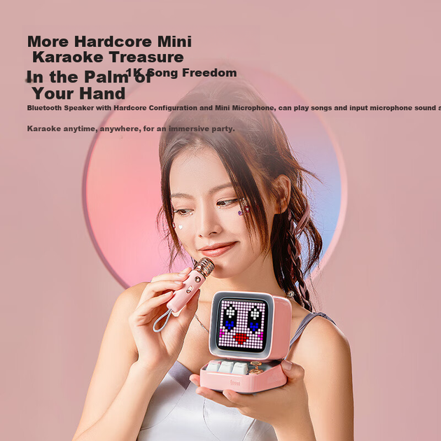 Мини-караоке-колонка Divoom Retro для компьютера с Bluetooth Pixel, микрофоном и дисплеем текста песен — первоклассный подарочный набор на день рождения для девушки. - изображение 4