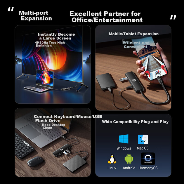Док-станція HP Type-C на HDMI, адаптер для швидкої зарядки з перехідником Thunderbolt для дзеркального відображення екрана, комп'ютерів Apple, MacBook, планшетів, iPad, телефонів CT205C - зображення 6