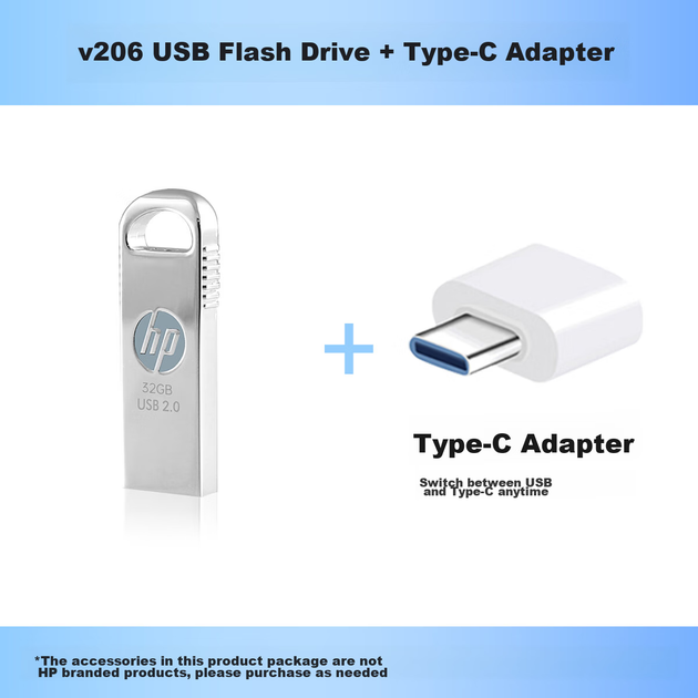 Флеш-накопичувач HP 32 ГБ USB 2.0 з адаптером Type-C, v206w, сріблястий метал, USB-накопичувач для міні-комп'ютерів та бізнесу - изображение 5