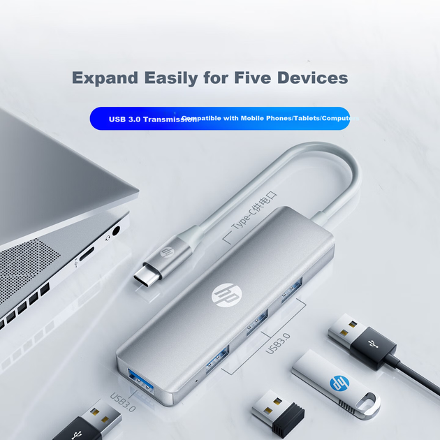 USB-концентратор HP, док-станция с несколькими портами USB 3.0, удлинитель USB, адаптер-конвертер для ноутбука, независимый источник питания, CT210 серебристого цвета - изображение 4