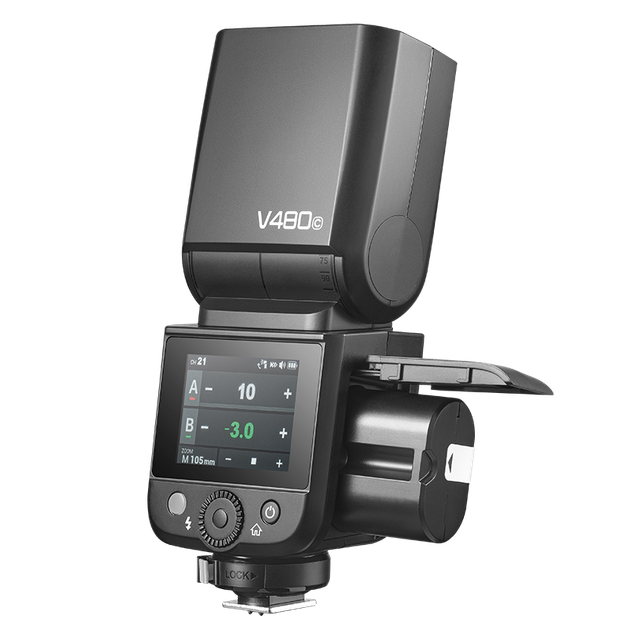 Спалах Godox V480 з сенсорним екраном, TTL-синхронізацією, високошвидкісною синхронізацією, літієвим акумулятором і можливістю встановлення на гарячий башмак. Портативний освітлювач для весільної фотозйомки . - зображення 4