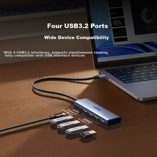 USB3.2 концентратор UGREEN, розгалужувач 10 Гбіт/с, багатопортова док-станція розширення, високошвидкісний концентратор на чотири входи, конвертер-подовжувач для ноутбука з одним портом - Фото 5 USB3.2 концентратор UGREEN, розгалужувач 10 Гбіт/с, багатопортова док-станція розширення, високошвидкісний концентратор на чотири входи, конвертер-подовжувач для ноутбука з одним портом - зображення 5