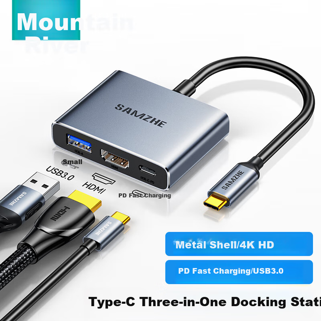 Док-станция расширения SAMZHE Type-C — HDMI, конвертер 4K высокой четкости, адаптер для телефонов и планшетов, док-станция расширения USB 3.0 для ноутбуков, iPad и проекторов мощностью PD100 Вт, DK-Q3. - изображение 4