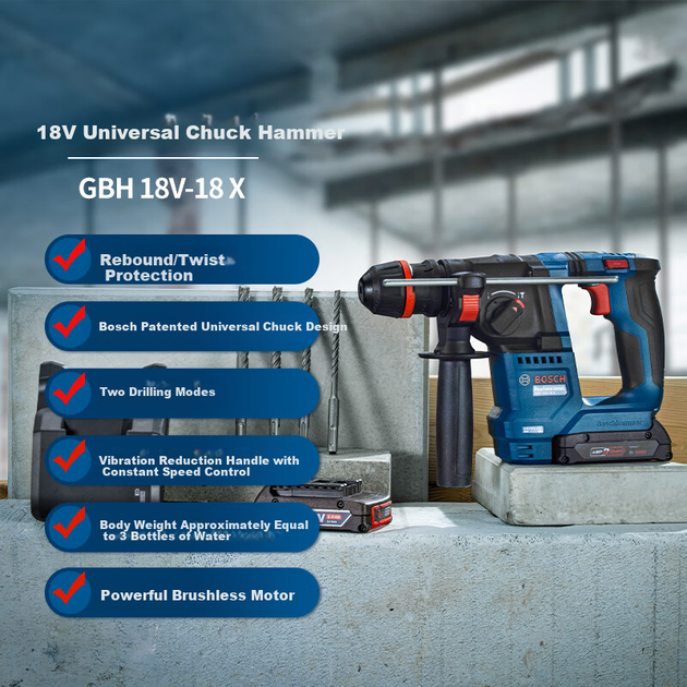 Електричний перфоратор BOSCH, ударний дриль 18 В, безщітковий літієвий акумулятор, одинарний акумулятор GBH-18 В із зарядним пристроєм, комплект аксесуарів, універсальний патрон, версія - изображение 4