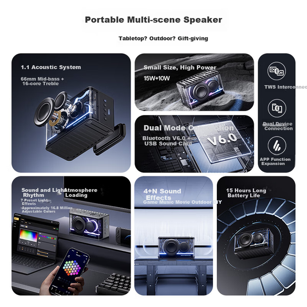Компьютерная колонка Manbuzhehuazai NEW Play Bluetooth, игровая настольная колонка, классическая, обновленная, модная, с подсветкой, в стиле ретро, цвет Phantom Black, высокое качество звука. - изображение 4