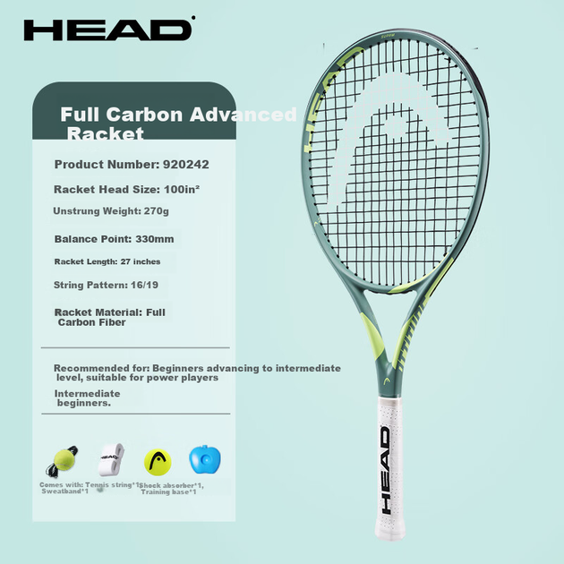 Тенісна ракетка HEAD Full Carbon для початківців, підходить для чоловіків, жінок та студентів коледжів - изображение 4