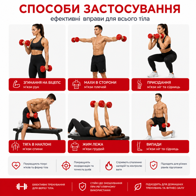 Гантели для фитнеса 2 шт по 3 кг шестигранные композитные Perto Красный 12959 - изображение 3