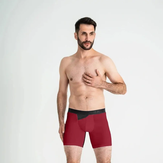 Мужские анатомические боксеры Anatomic Long 2.0 Light Black Series бордовые хлопковые удлиненные с карманом и сеткой удлиненные мужские трусы предотвращающие натирание для спорта и повседневной носки удобные дышащие с внутренним карманом 3XL - изображение 3