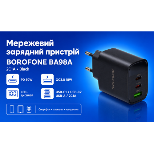 Сетевое зарядное устройство Borofone BA98A 2xUSB-C 30W + USB-A 18W LED-дисплей Black - изображение 2