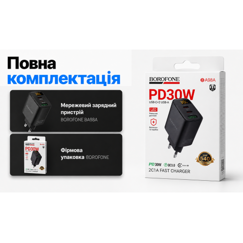 Сетевое зарядное устройство Borofone BA98A 2xUSB-C 30W + USB-A 18W LED-дисплей Black - изображение 5
