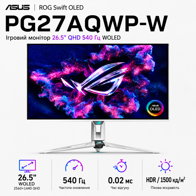 Монітор ігровий 26.5" Asus ROG Swift OLED PG27AQWP-W 2560x1440 540 Гц 1500 кд/м² White (90LM0CF2-B01971) - зображення 2