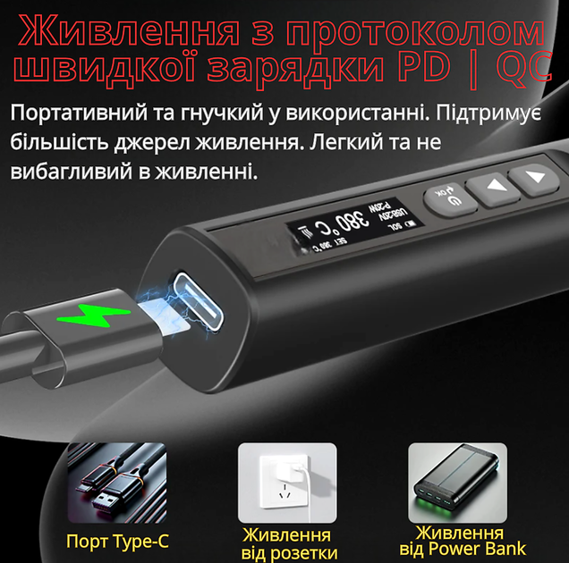 Паяльник з регулюванням температури та дисплеєм N-1 потужний 96W 5-28В паяльний набір з підставкою для паяння проводів мікросхем та плат - зображення 2