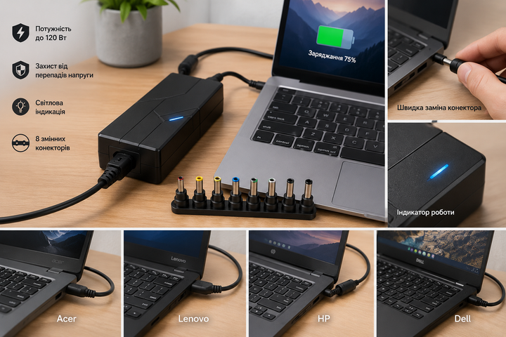 Универсальный адаптер для laptop 120W и сетевой блок питания для ноутбуков разных брендов с комплектом сменных штекеров разъемов черный - Фото 4 Универсальный адаптер для laptop 120W и сетевой блок питания для ноутбуков разных брендов с комплектом сменных штекеров разъемов черный - изображение 4