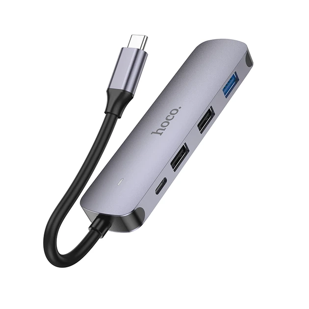 USB-хаб HOCO HB27 Type-C multi-function converter(HDTV+USB3.0+USB2.0*2+PD) Metal Gray - Фото 2 USB-хаб HOCO HB27 Type-C multi-function converter(HDTV+USB3.0+USB2.0*2+PD) Metal Gray - зображення 2