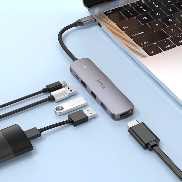 USB-хаб HOCO HB27 Type-C multi-function converter(HDTV+USB3.0+USB2.0*2+PD) Metal Gray - Фото 5 USB-хаб HOCO HB27 Type-C multi-function converter(HDTV+USB3.0+USB2.0*2+PD) Metal Gray - зображення 5