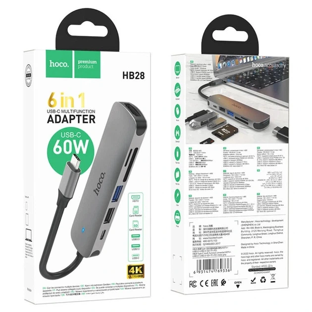 USB-хаб HOCO HB28 Type-C multi-function converter(HDTV+USB3.0+USB2.0+SD+TF+PD) Metal Gray - зображення 7