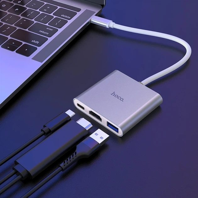 USB-хаб HOCO HB14 Easy use Type-C adapter(Type-C to USB3.0+HDMI+PD) Silver - Фото 8 USB-хаб HOCO HB14 Easy use Type-C adapter(Type-C to USB3.0+HDMI+PD) Silver - изображение 8