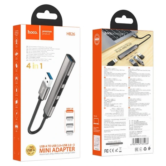 USB-хаб HOCO HB26 4 in 1 adapter(USB to USB3.0+USB2.0*3) Metal Gray - зображення 5