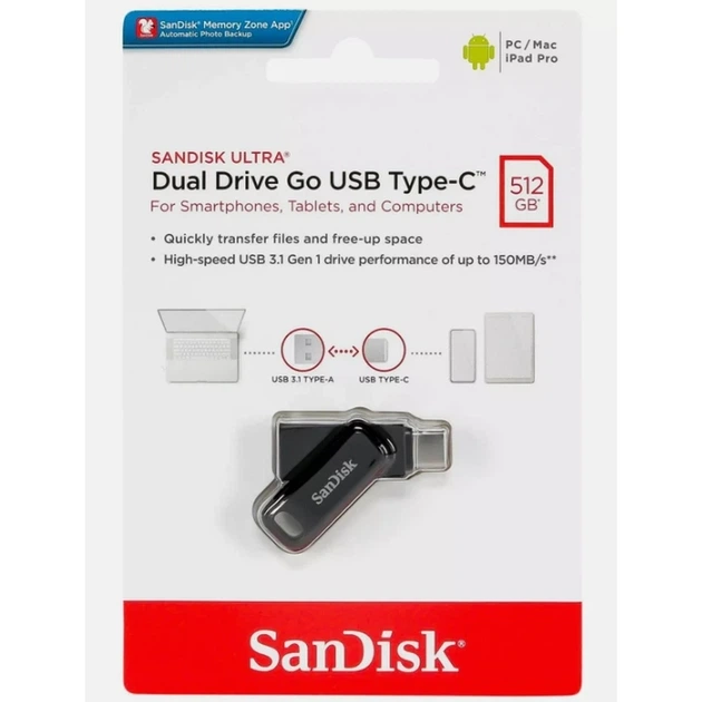 Флеш-накопичувач SanDisk USB 3.1 Ultra Dual Go Type-C 512Gb (150 Mb/s) - зображення 2